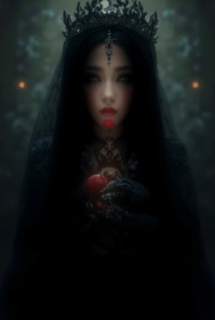 Girl,Black long hair，Black Queen，accessories，Apple in hand，Poison apples，Witch Queen，Red lipstick