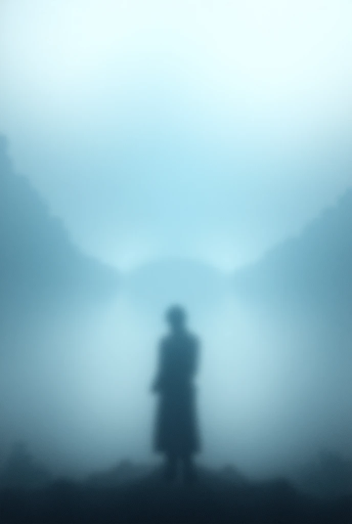 I want a photo of a man standing with his back to the camera in the mountains and in the fog