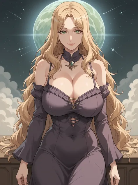 jura_basil_elden,dress, 1girl, solo, long hair, breasts, looking at viewer, smile, blonde hair, huge breasts, indoors, space, navel, cleavage, bare shoulders, very long hair, green eyes, detached sleeves, dark purple dress,