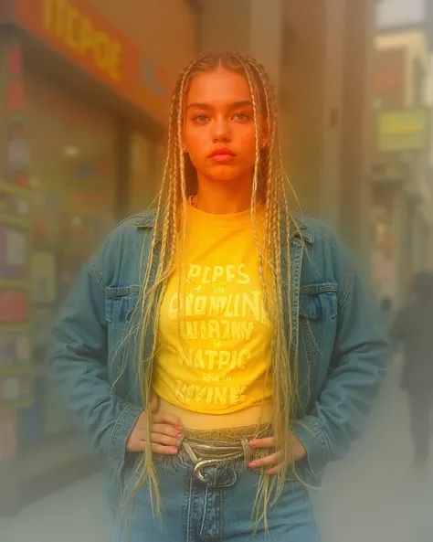 (Casual street style photography:1.3) photo of a young woman with blonde braids, wearing a yellow graphic t-shirt and a denim jacket, posing confidently with her hands on her hips in an urban setting, full body framing, in front of a colorful storefront wi...