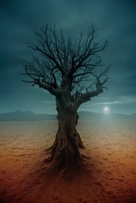 "An old, weathered tree stands alone in a barren desert under a stormy sky. Its gnarled branches reach out as if seeking connection, while its roots twist deep into cracked earth, symbolizing resilience and the passage of time. In the distance, a faint gli...