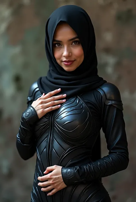 huge breast,  big tits , Big boobs. Indonesian girl 22 years old .  wears venom cosplay costume,  hands squeezing chest. hijab black. touching holding breast