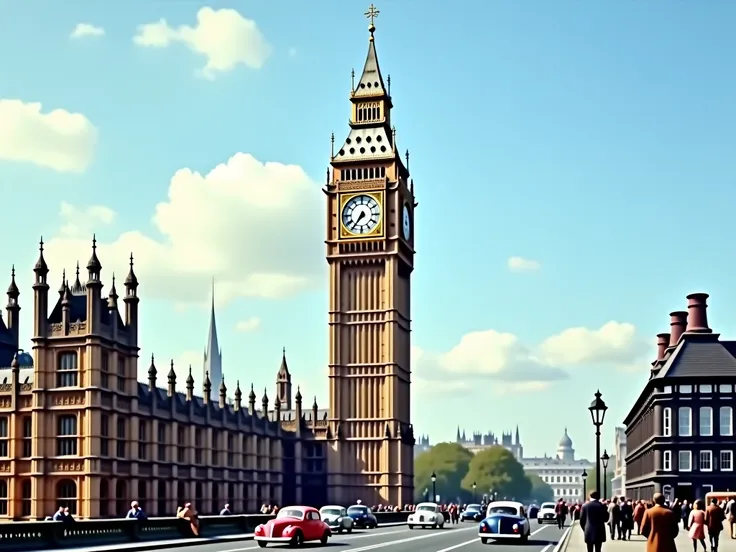 The clock tower in London in the year 1954, on a crisp spring day. The sky is azure with flecks of soft, white clouds. The large lantern at the top houses the bell, famously known as Big Ben. Its surrounded by the iconic neo-gothic styled architecture. Pee...