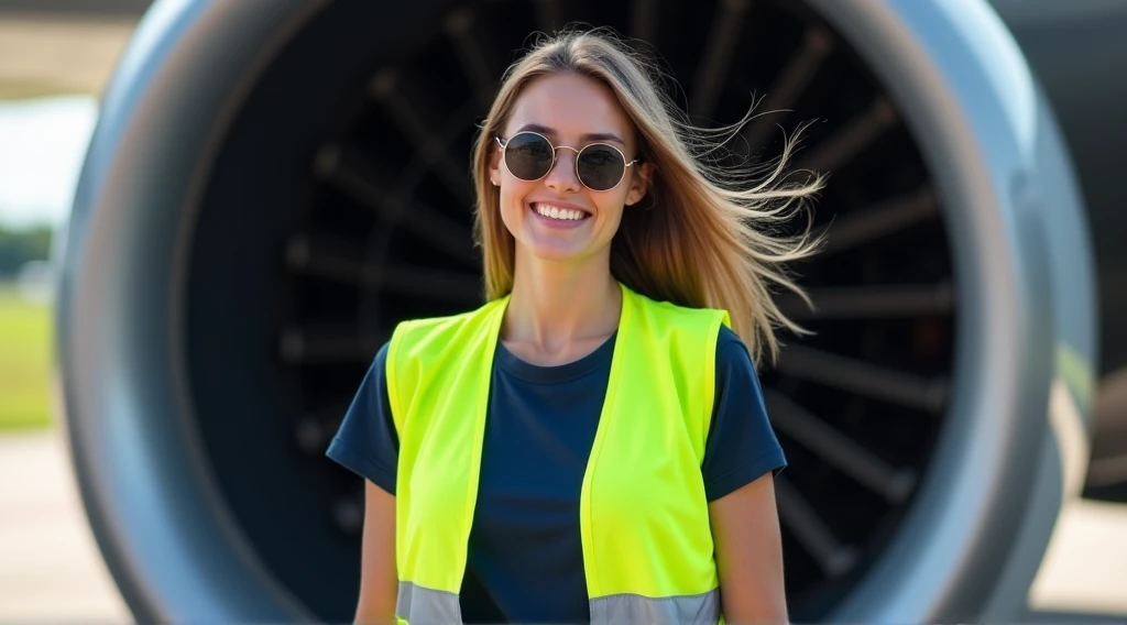 Place a woman standing in the environment provided. She is wearing a neon yellow safety vest with reflective stripes, a dark blue t-shirt, and round sunglasses. Her long hair flows slightly in the wind, and she is smiling. The woman should be positioned na...