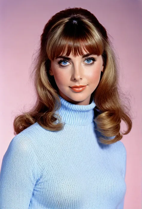 Teen dana plato kimberly drummond with neutral face, Blue eyes, brown hair with bangs and 1960s style clothing