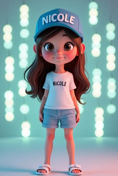 3D cartoon image of a girl with long brown hair, narrow eyes, wearing a white blouse with the name NICOLE on the front of her blouse and short pants, wearing a blue cap with "NICOLE" in white letters, and white sandals. Her palms are inside his shorts, She...