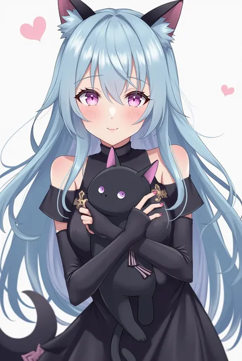 Anime woman with long hair, light blue minty hair, black cat ears, black inside, black, pink, outside, black fox tail, light pink eyes, white eyes, black fingerless gloves, black cat, purple eyes, black eyes, black eyes, black eyes, inside Big