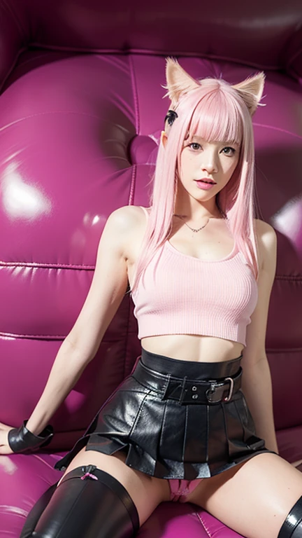  teenager with pink hair, slim model, Leather top pink ,  pleats Leather skirt pink,  leather arm warmer ,  knee-high leather boots, Cat ears, bouncy castle  ,  realistic ,  femdom ,dominatrix,  mistress, sex, fuck , slave, sex toy