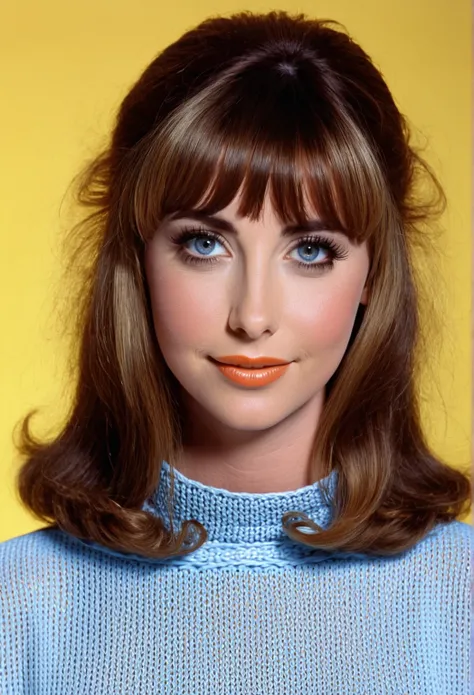 Teen dana plato kimberly drummond with neutral face, Blue eyes, Dark brown hair with bangs and 1960s style clothing