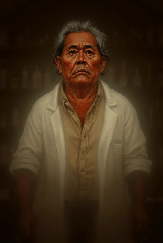 man, pot-bellied, moreno, Indigenous traits ,  gray hair ,  with Unimontes medicine lab coat