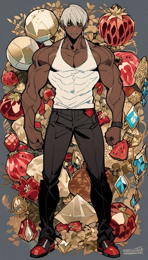  Spanish,[32歳male性],pomegranate hammer,red, full body view, brown skin, Spharolite,gem, semi-short hair ,arms, muscles, Scarface ,scratch,male