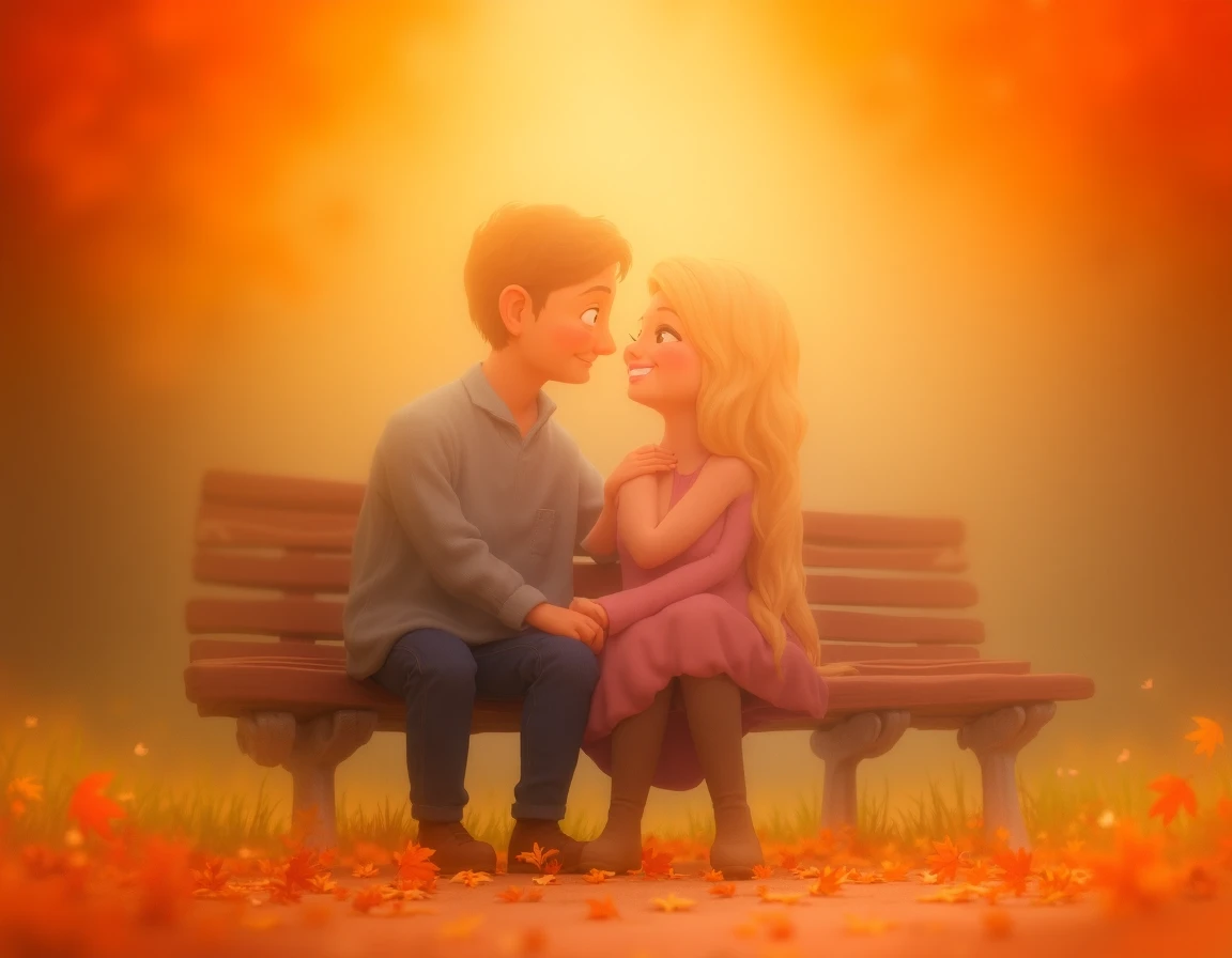  A couple sitting on a park bench during autumn, leaves falling around , while they smile and talk. The man has short brown hair ,  wears a light blue shirt and jeans ;  the woman has wavy blonde hair ,  wears a light pink dress and brown boots .  Both con...