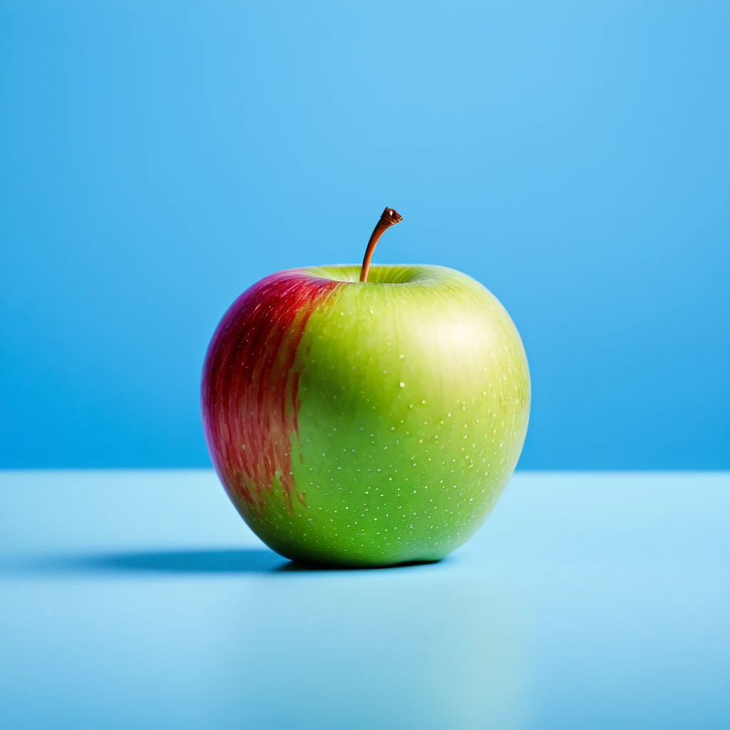 An apple， blue background