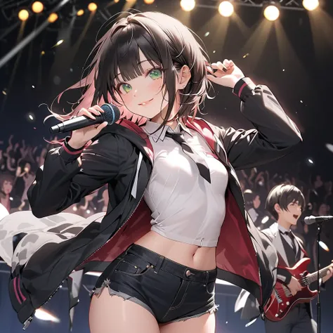 ( Perfect Anatomy), ((32K)), (( top quality )), ((超 high res)), (( high res)), ((超 high res)), ((Highly detailed CG)) , One Girl 、green eyes.smile, black hair, short hair with long locks,( small breasts:1.5),( white button shirt)、(black tie),(black jacket,...