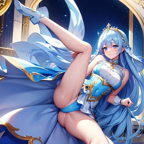  Princess blue dress 、 Gold Tiara 、 clear white skin 、Glossy Skin、 long hair、Blonde、 blue eyes、room、、 skinny、View from the bottom 、Highlight cat muscles 、(())、 short skirt、 Princess Tiara、((( open legs)))、the man&#39; Head between legs 、(((  Cunnilingus li...