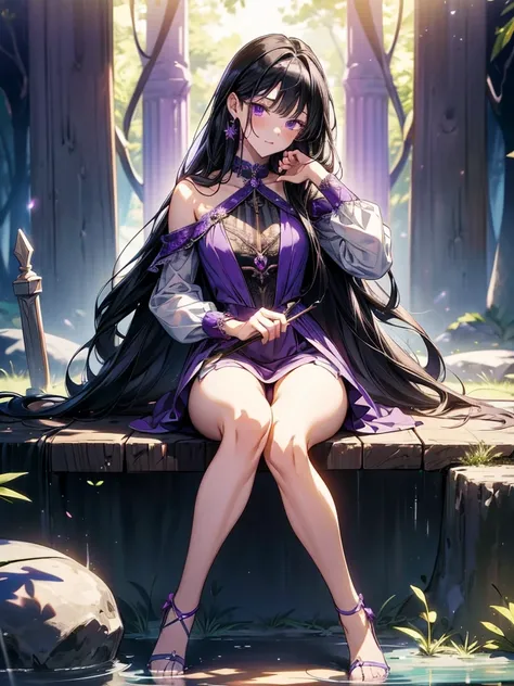 masterpiece, Best Quality , high-resolution ,Perfect light and shadow,8k wallpaper,illustration, ray tracing, a lovely girl ,black hair,Long straight hair, Purple Eyes,Full body portrait, Magical Girl,mini dress, bikini,Purple Gemstone,forest,stream,Sexy,S...