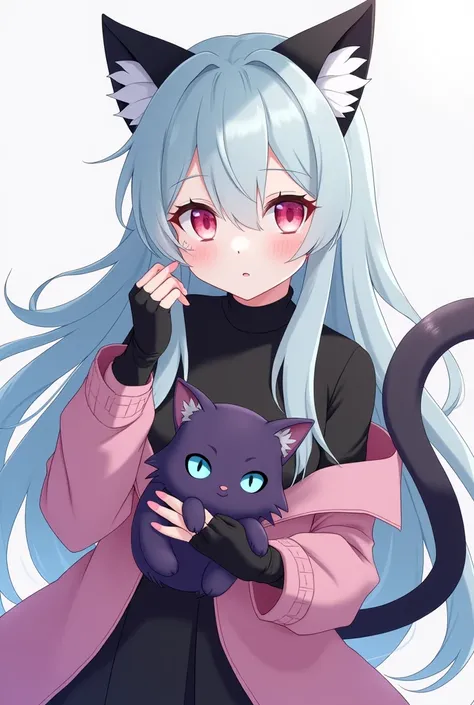 Anime woman with long hair, light blue minty hair, white star-shaped hair, black cat ears, black inner dress, black pink outer dress, black fox tail, light pink eyes, white eyes, inside white eyes, black fingerless gloves, black purple cat, blue eyes fall-...