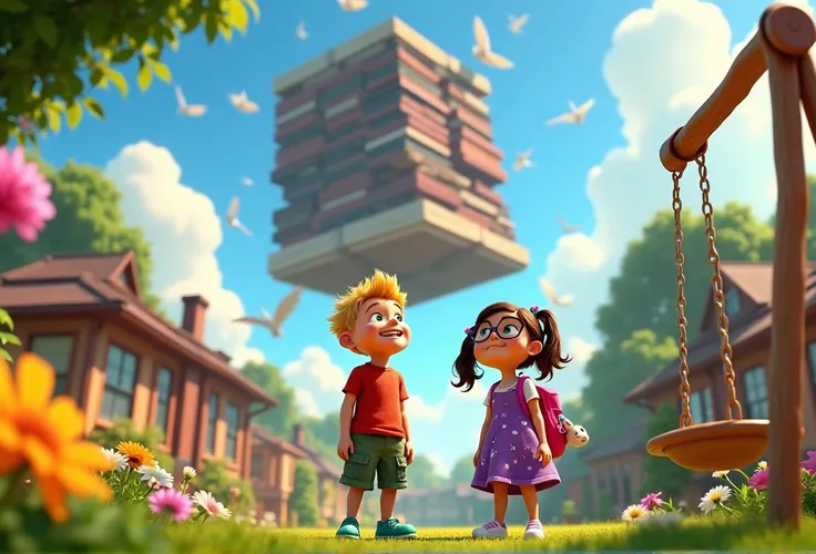 A wide-angle view of a backyard filled with vibrant flowers and a swing set. In the sky, a massive floating library and flapping book pages creates a fantastical and magical vibe, all in 3D Disney Pixar style animation. Max and Mia look up in awe

Max: "Ma...