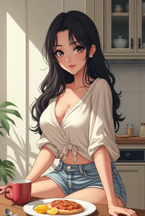  Do it for me , REALISTIC ART, American Manhwa ,  high quality, a woman, Madura, adult,  with striking features , attractive, elegant,  with long black hair, piercing eyes,  gray eyes,  velvety and plump lips ,  Slightly tanned skin ,  slender body , weari...