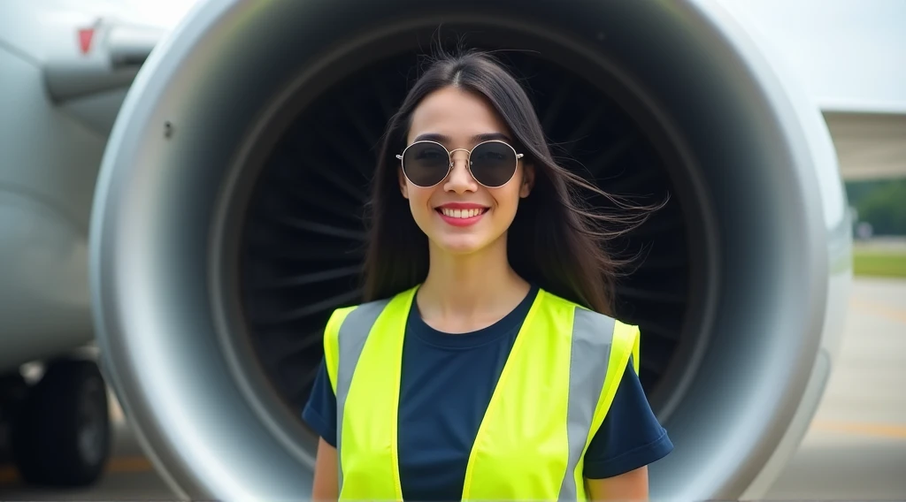 Place a woman standing in the environment provided. She is wearing a neon yellow safety vest with reflective stripes, a dark blue t-shirt, and round sunglasses. Her long black hair flows slightly in the wind, and she is smiling. The woman should be positio...