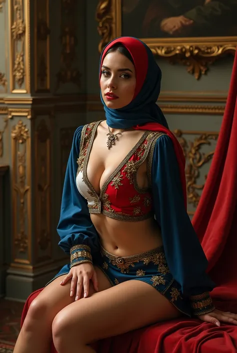 Sexy French woman French flag colored hijab nude, big boobs low cut and micro skirt, spreading legs, Renaissance Paint 