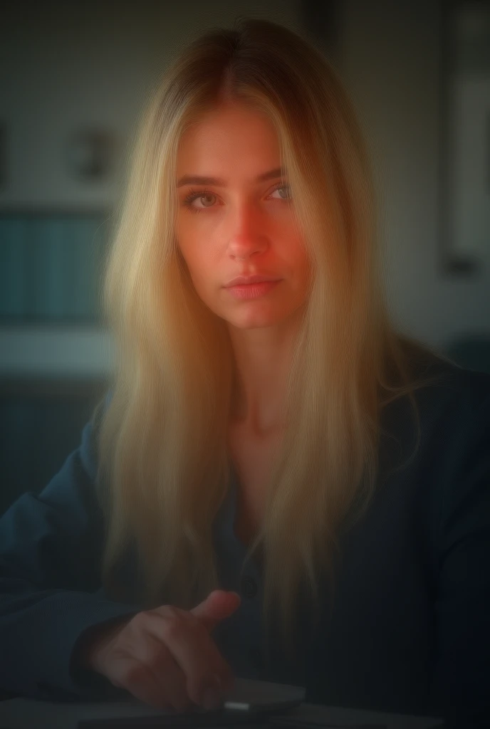 a beautiful girl with long blonde hair, detailed eyes, nose, and lips, wearing  professional outfit, siting in her office, using her computer, hp comuter (best quality,4k,8k,highres,masterpiece:1.2),ultra-detailed,(realistic,photorealistic,photo-realistic:...