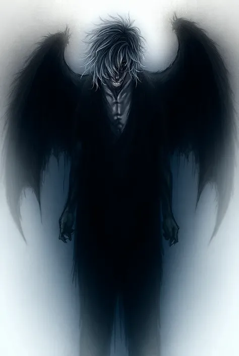 Male, Death Note Shinigami, Skinny, pale skin demon with wings like a bat, his wings are torn, large, black. Wears a black ripped kimono over tattered black trousers. Has messy jet black hair with white tips/highlights/fade. Pitch black eyes. 70 feet tall....