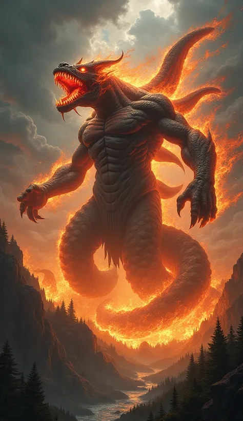 Typhons Wrath

A colossal, fire-breathing Typhon towers over Mount Olympus, his hundred dragon heads roaring in unison, each spewing streams of molten fire. His serpent-like lower body coils around a burning forest, and his glowing, fiery eyes pierce the s...