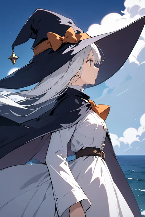 White haired girl,  in profile, her witchs hat and witchs clothes,  looking at the horizon  