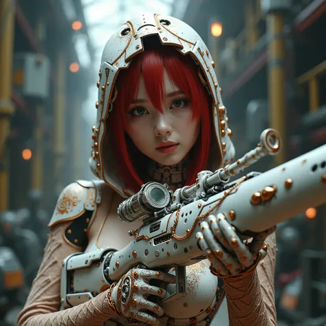 (best quality), future, (1 girl,korea face sexy  girl , pale skin, (body heigth:140cm), innocent look, Young face, hair undercut,NFSW, solo, miko motif exoskeleton suit, led, gas mask, holding blade, machinery, digital engraving, ultra highres, absurdres, ...