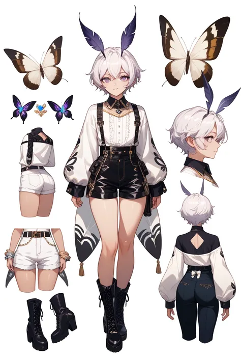 full body, femboy, fully clothed, An illustration, (masterpiece、最high quality、high quality), pure white background, Character design, Character sheet, moth, Subtle, soft white moth antennae extend from the hairline, blending seamlessly with the characters ...