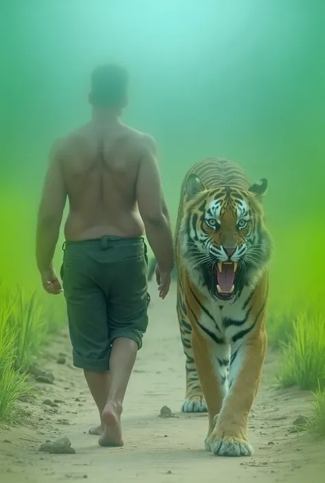  A man wearing rather fat 170cm tall cargo shorts was walking side by side facing the camera on a rural road in the middle of a paddy field with a tiger that was the same size as the man.the tiger looked spooky and roared 