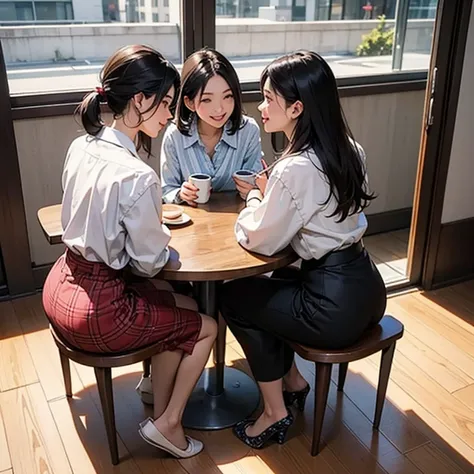 3 beautiful slim small brest Asian women are wearing oversized loose coloured patterns blouse. Wearing a long tight skirt. Skirt cover the legs. Sitting on a coffee shop bench by the window. Coffee table in the middle. Table is between girls. Show full bod...