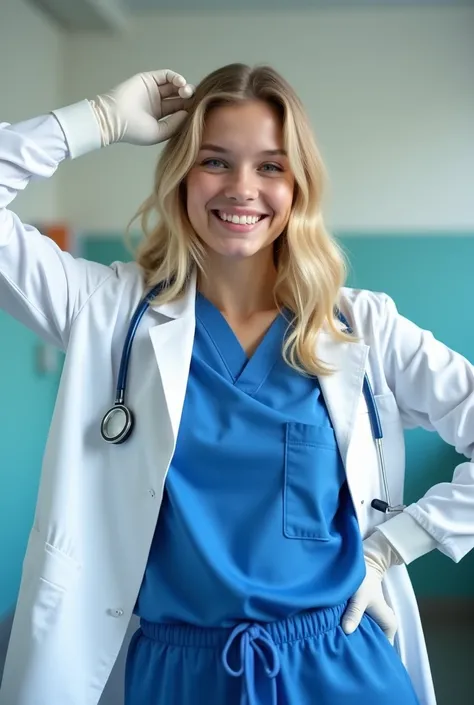 Happy blonde post-teen eighteen year-old girl in a realistic half-body shot, wearing a doctors uniform, royal blue scrubs and white lab coat in a sterile room. Her arm is stretching
