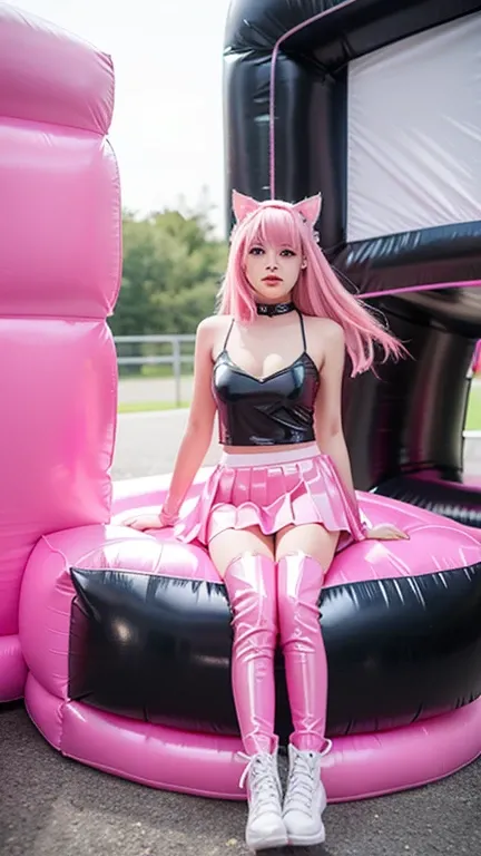  teenager with pink hair, slim model, Latex top  ,  pleats latex skirt pink,  latex arm warmer ,  knee-high latex boots, Cat ears, bouncy castle  ,  realistic , 