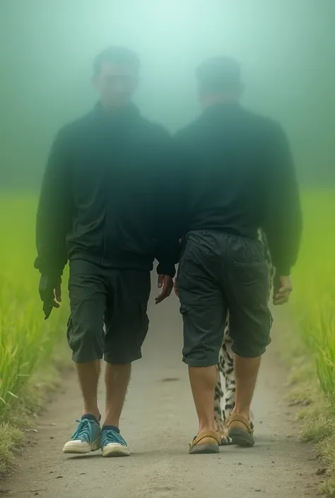 A cool guy wearing black cargo shorts with a height of 170cm weight 90kg wearing a black hodie jacket wearing shoes is walking side by side facing the camera on a rural road in the middle of a paddy field with a tiger that is the same size as the man.the t...