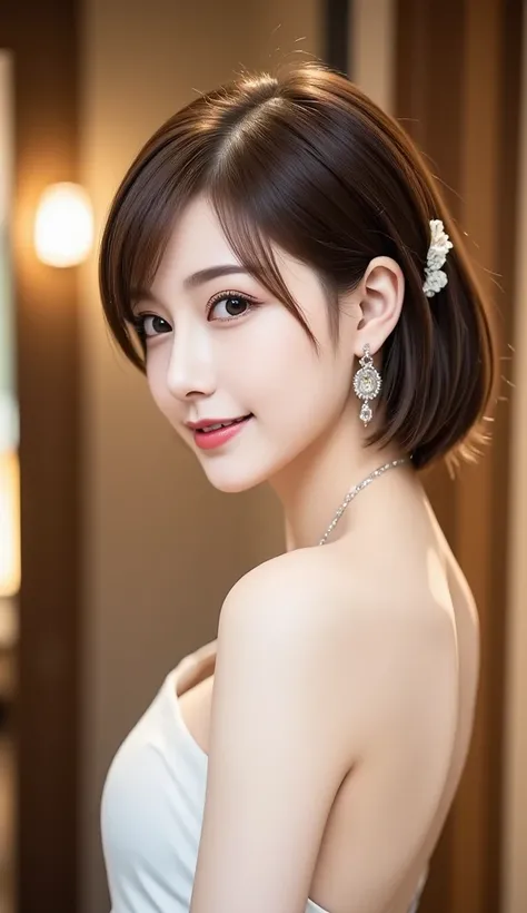 12Ｋ、ＨＤＲ、 bits deep 10 bits 、Im wearing a party dress、 cute hair ornament、Hair tied up、 charming posing、 (  realistic  ) , (photo  realistic  :1.4), masterpiece,  so delicate and beautiful ,  very detailed bust ,smile、(  light brown hair )、A woman who exude...