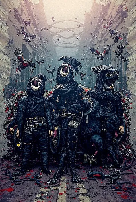 Make an image of the cover of the first album of a punk rock group called  "MOGARRO "  where several black vultures in punk clothes appear around a traffic accident