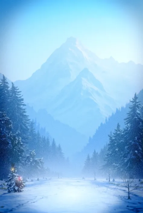 Create an image of a mountain partially covered in snow under clear weather, with a Christmas tree among the mountains, and bird nests in the trees.