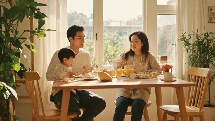 Realistic image of a family having breakfast together at home in the morning. The family consists of a husband, wife, and two ren (a boy and a girl, around 5-). The room is filled with warm morning sunlight coming through a large window. The family sits at...