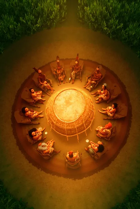 A top view image in a African setting, a African drum with few people sitting around the drum 