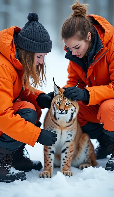 "The two women kneel beside the lynx while the man uses a small pair of wire cutters to free her from the rusted wire. Woman 1 gently strokes the lynx’s head to calm her, while Woman 2 holds a medical kit open, preparing bandages. Their uniforms are bright...