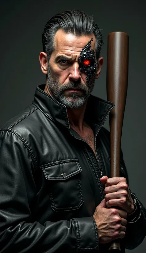 Jeffrey Dean Morgan as Negan Smith (The Walking Dead), aggressive, one glowing red cyborg eye, and half cyborg cheeks, unstoppable, futuristic, more realistic face, holding his baseball bat Lucille, dressed in leather jacket black, hyper realistic, 8k, hig...