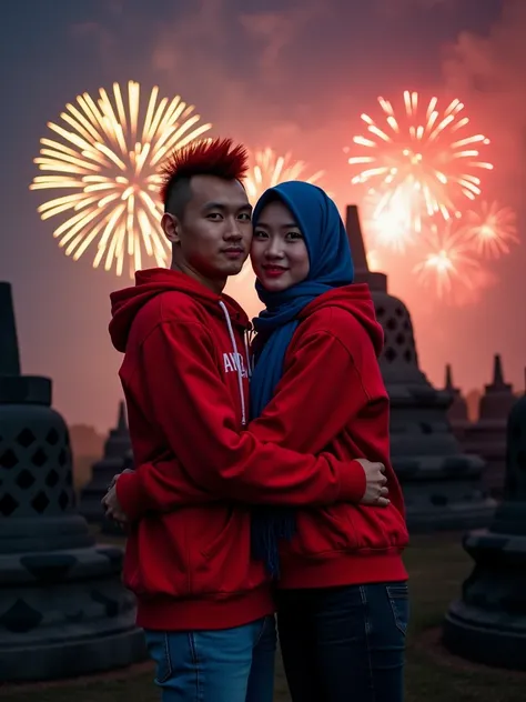  Professional photography shows a man  (Handsome, time, Asian face,  20 years old ,  rather chubby stature ,  short hair red mohawk )  wearing a red hoodie inscribed  "AmbikA", celana jeans panjang  and sneakers  , and a woman  (blue hijab, beautiful, time...