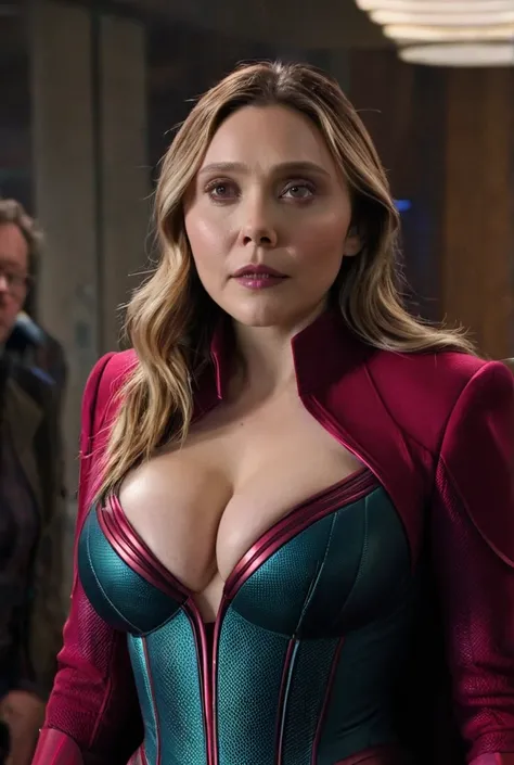 Elizabeth Olsen with (((big breasts))) in the Streaming series "Wanda vision" in Comic Scarlett Witch suit with open cleavage.