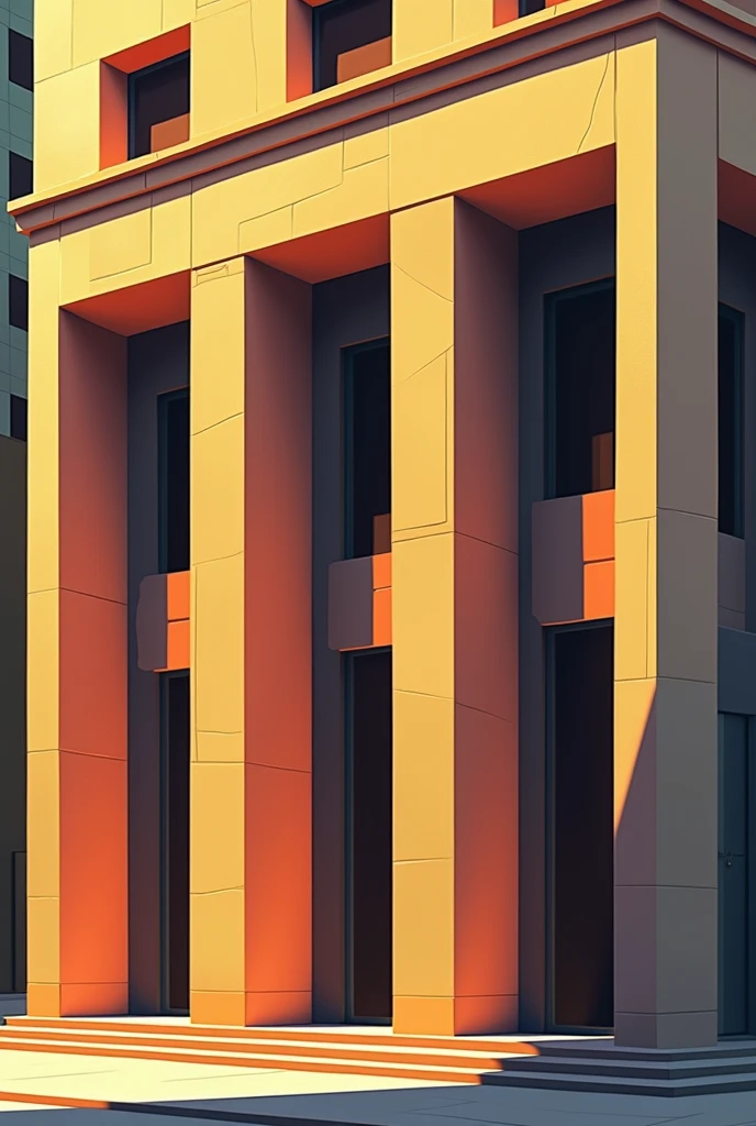 a simple cubist artwork of the facade of a Wall Street bank, abstract geometric shapes, sharp angles, bold colors, architectural elements, sunlight and shadows, minimalist composition, refined digital art