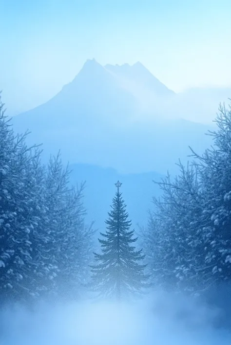 Create an image of a mountain partially covered in snow under clear weather, with a Christmas tree among the mountains, and bird nests in the trees and picture have not fog and this picture location in switzerland