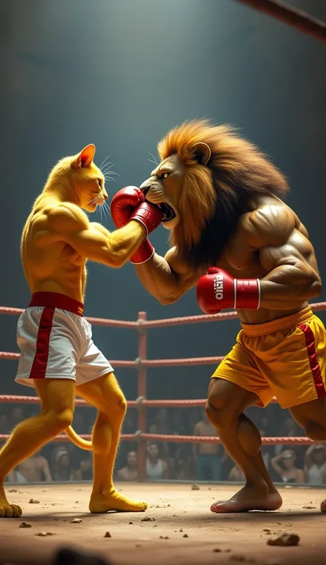 The bell rang, and the fight began. The muscular yellow cat in white shorts and the muscular lion in yellow shorts exchanged powerful blows, battling for dominance. The muscular lions roars filled the ring as it delivered heavy punches. However, the muscul...