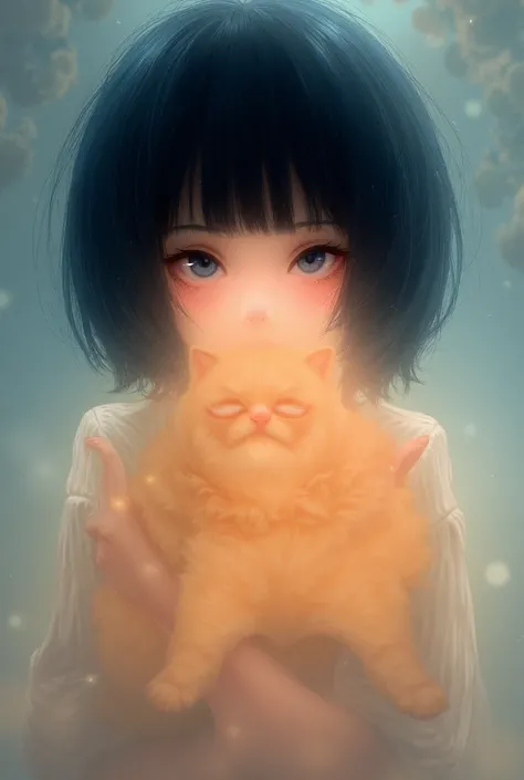 Anime. Girl. Short black hair bangs. Blue eyes. Woman. Holding orange cat. Dnd 