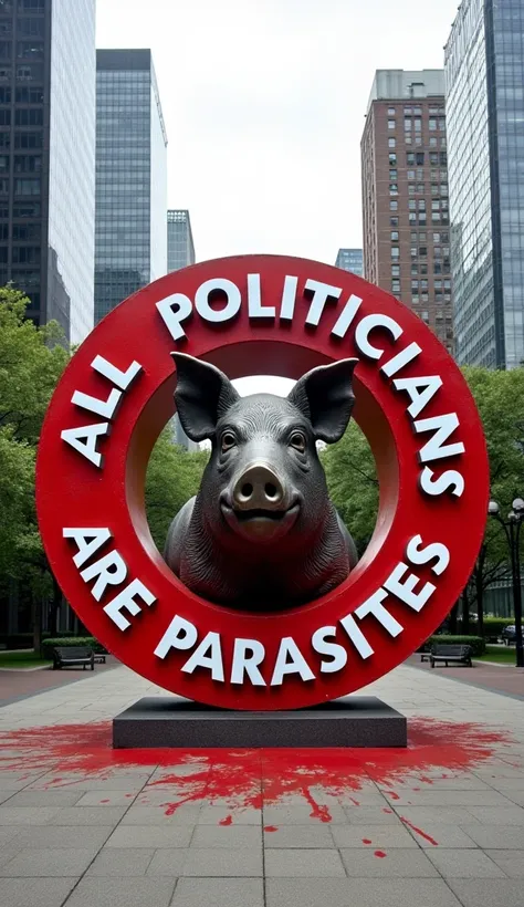 A circular typography sculpture featuring the phrase "ALL POLITICIANS ARE PARASITES" in bold, white text arranged in a circular pattern. The round shape of the sculpture is a vivid, bloody red color, creating a striking contrast with the white text. At the...